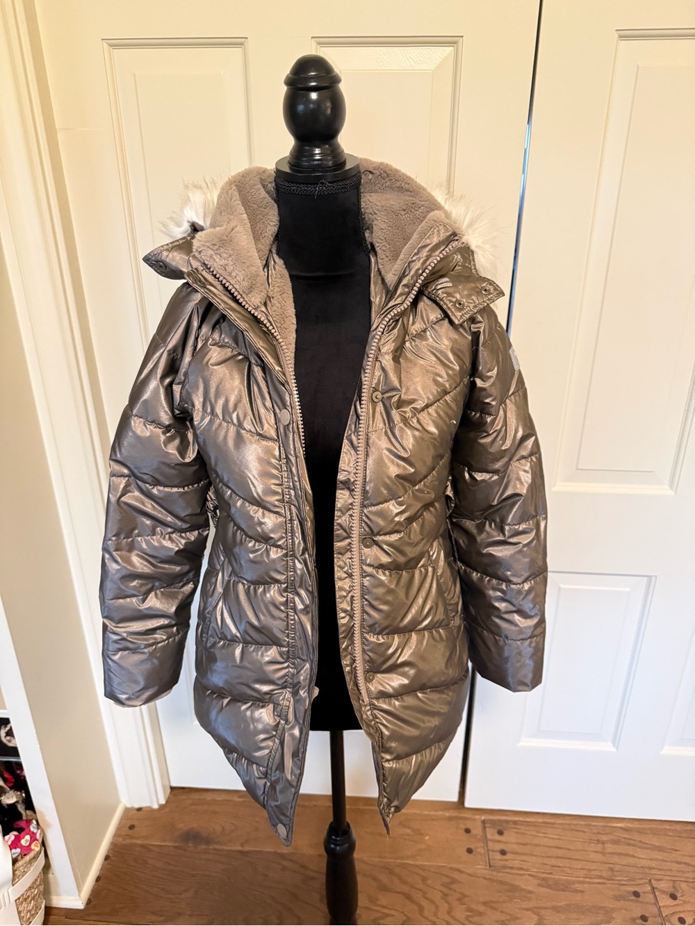 Girls Metallic Taupe Puffer Coat with Faux Fur Trim